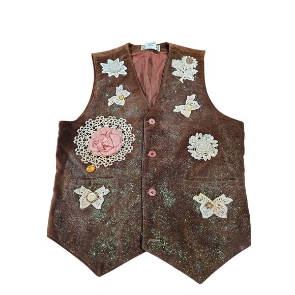 Vintage 70's Chess King Brown Vest Artsy Art to Wear Art Teacher Size M Glitter - Picture 1 of 8